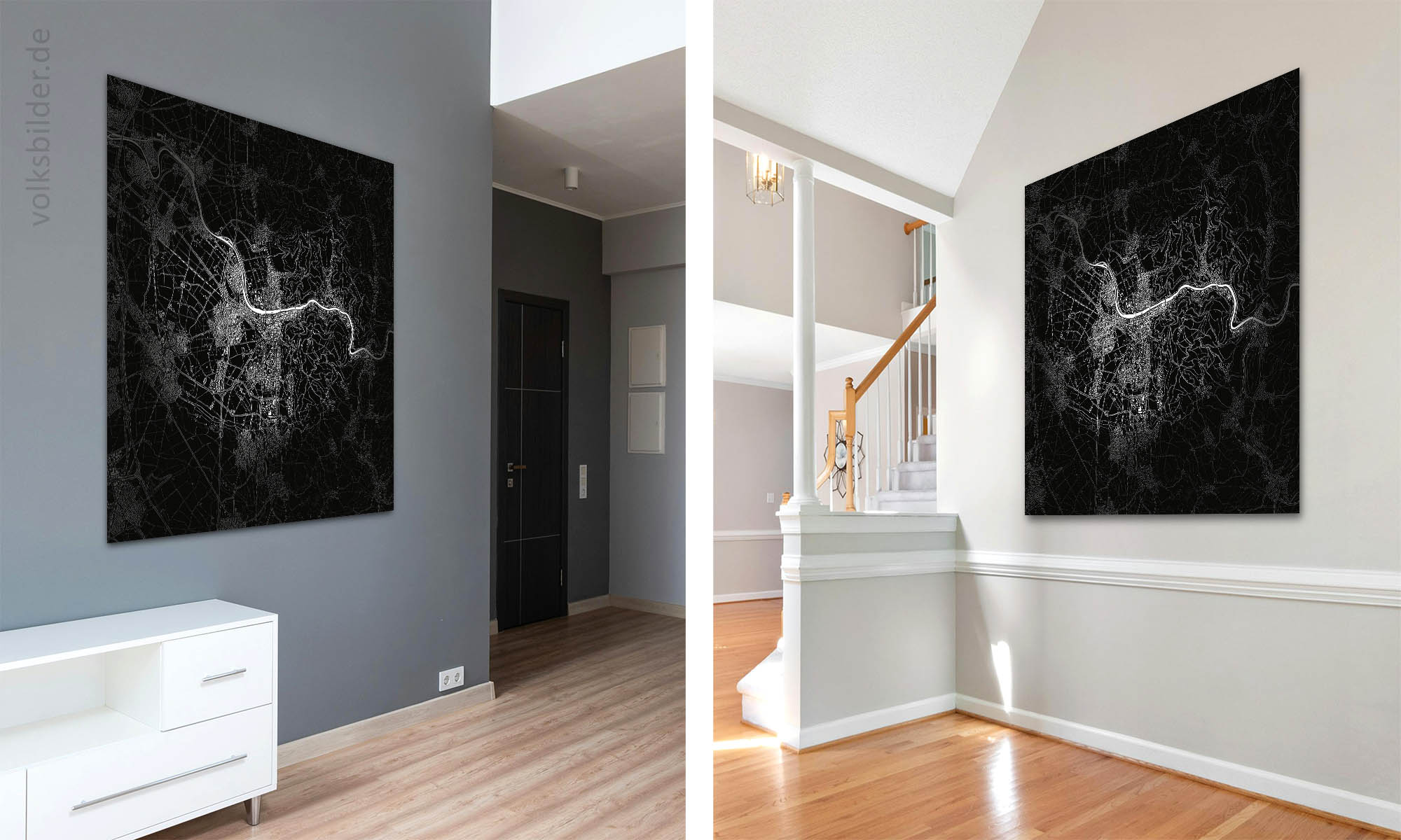 Das Bild zeigt zwei Fotos nebeneinander. Beide Fotos zeigen quadratische Wandbilder mit schwarzweißer Karte vom Stadtgebiet von Heidelberg in einem Hausflur.