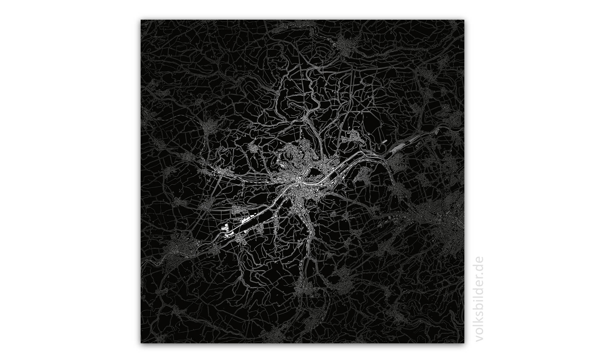 Ein quadratisches Wandbild. Es zeigt eine Karte vom Stadtgebiet von Tübingen und der näheren Umgebung. Karteninhalte wie Straßen, Gebäude und Gewässer sind weiß dargestellt vor tiefschwarzem Hintergrund.