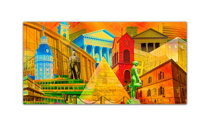 Grafisches Wandbild von Karlsruhe im Pop Art Stil. Viel bekannte Karlsruher Gebäude sind, verschieden eingefärbt, kunterbunt über das Bild verteilt, dargestellt. Die vorherrschende Farbe des Bildes ist ein leuchtendes Orange-Rot.
